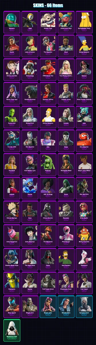 [PC/PSN] | Mysterio | 1-Ball | Himiko Toga | Undercover Skye | Springfielder Peely | 66 skin | 82 pickaxe | 81 emote | 47 glider | Lv582