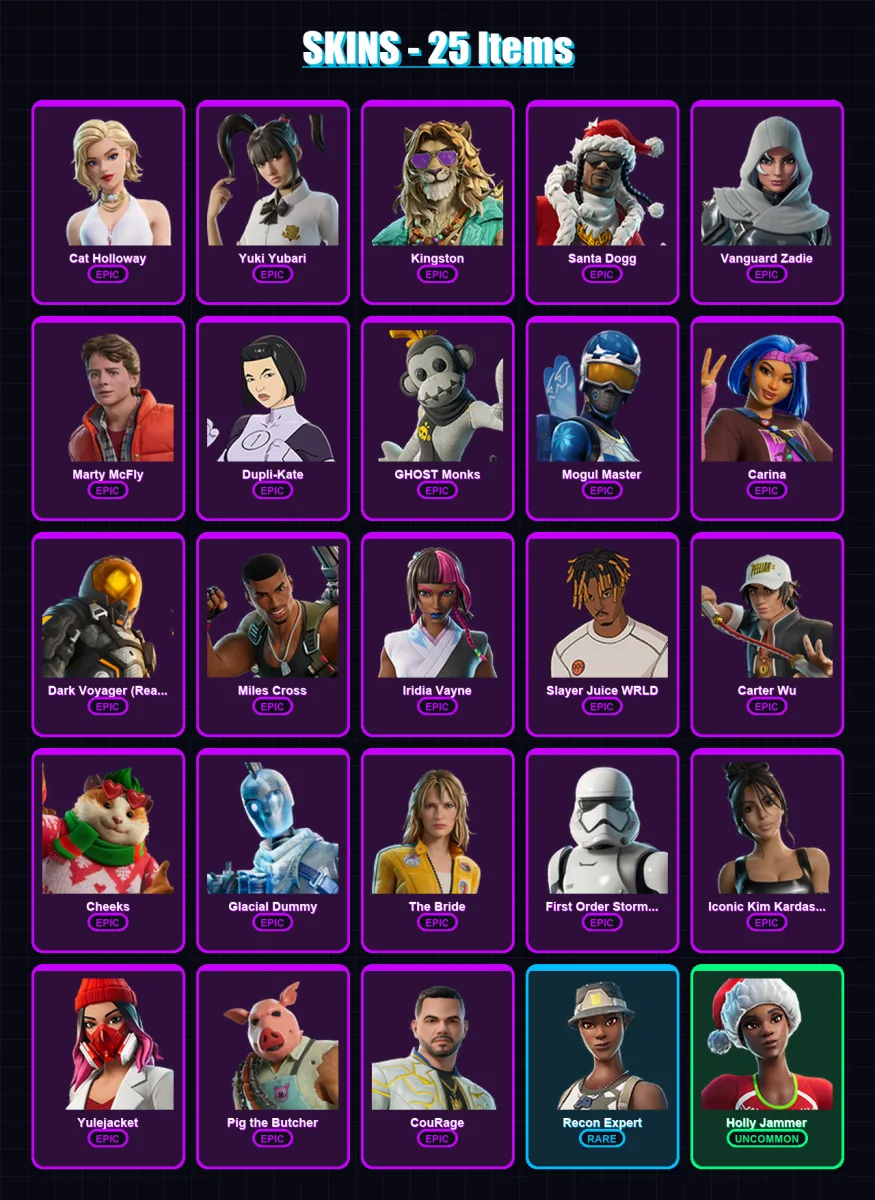 [PC/XBOX/PSN] | Cat Holloway | Yuki Yubari | Kingston | Santa Dogg | Vanguard Zadie | 25 skin | 75 pickaxe | 34 emote | 43 glider | Lv1590