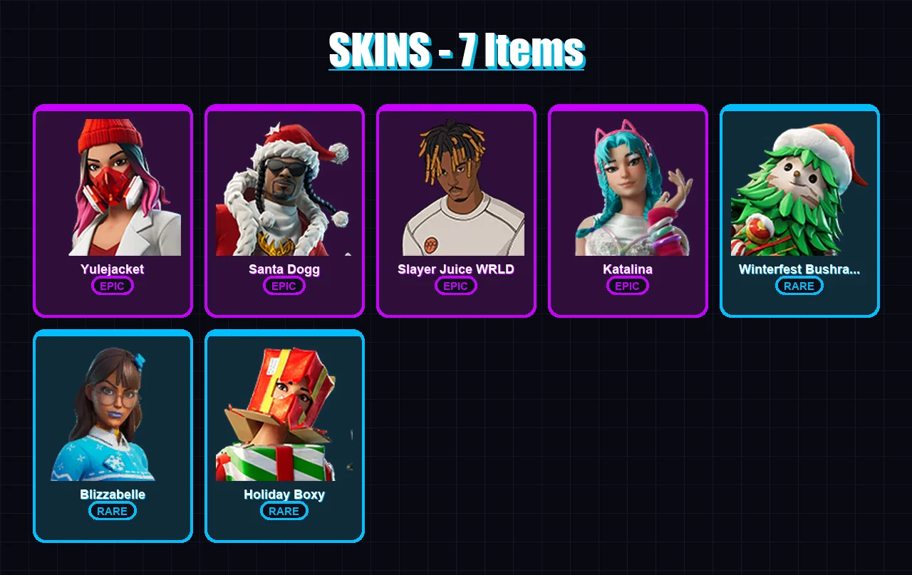 [PC/XBOX/PSN] | Yulejacket | Santa Dogg | Slayer Juice WRLD | Katalina | Winterfest Bushranger | 7 skin | 56 pickaxe | 28 emote | 36 glider | Lv571