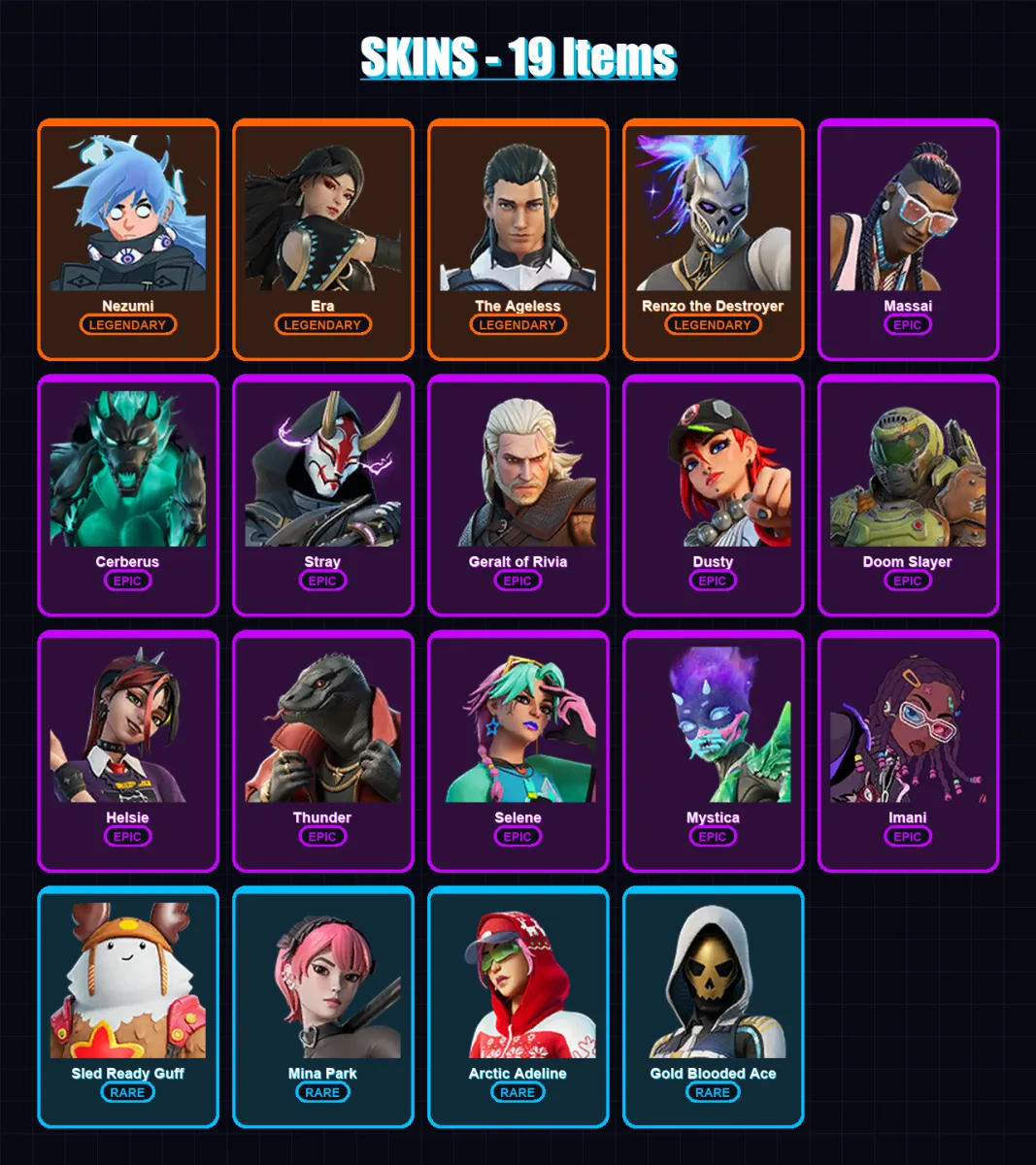 [PS4/PS5/XBOX/PC] | Nezumi | Era | The Ageless | Renzo the Destroyer | Massai | 19 skin | 35 pickaxe | 28 emote | 30 glider | Lv376