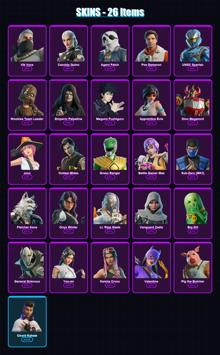 [PC/PSN] | Vik Vyce | Cassidy Quinn | Agent Patch | Poe Dameron | UNSC Spartan | 26 skin | 62 pickaxe | 37 emote | 45 glider | Lv606 — Fortnite account
