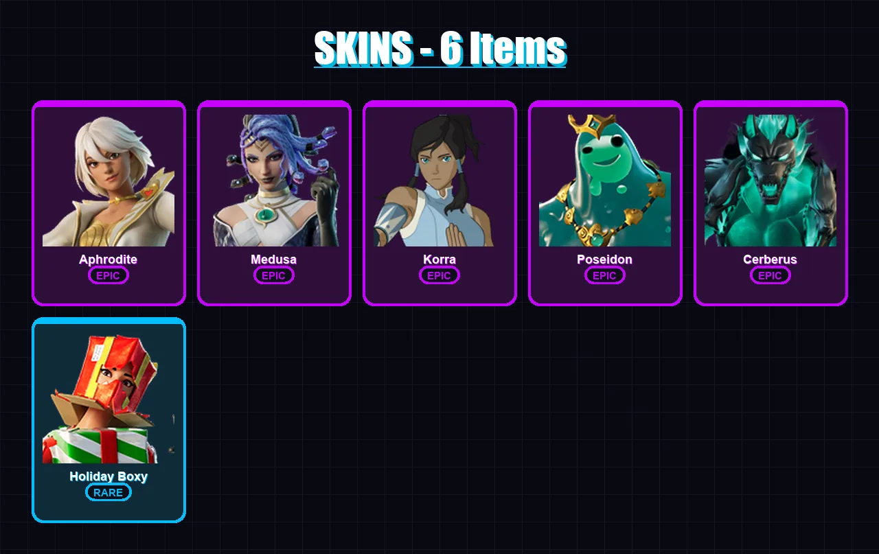 [PC/PSN] | Aphrodite | Medusa | Korra | Poseidon | Cerberus | 6 skin | 12 pickaxe | 8 emote | 8 glider | Lv104