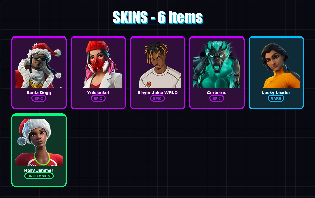 [PC/XBOX] | Santa Dogg | Yulejacket | Slayer Juice WRLD | Cerberus | Lucky Leader | 6 skin | 17 pickaxe | 9 emote | 9 glider | Lv108