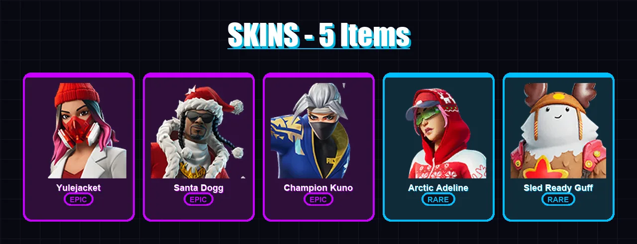 [PC/PSN] | Yulejacket | Santa Dogg | Champion Kuno | Arctic Adeline | Sled Ready Guff | 5 skin | 36 pickaxe | 16 emote | 25 glider | Lv278