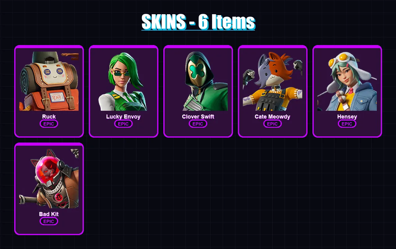 [PC/XBOX/PSN] | Ruck | Lucky Envoy | Clover Swift | Cate Meowdy | Hensey | 6 skin | 5 pickaxe | 5 emote | 1 glider | Lv8