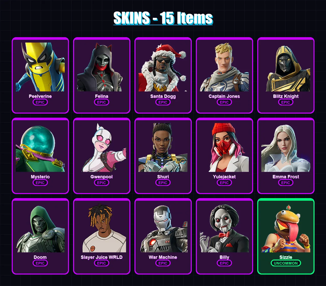 [PC/XBOX/PSN] | Peelverine | Felina | Santa Dogg | Captain Jones | Blitz Knight | 15 skin | 49 pickaxe | 38 emote | 35 glider | Lv437