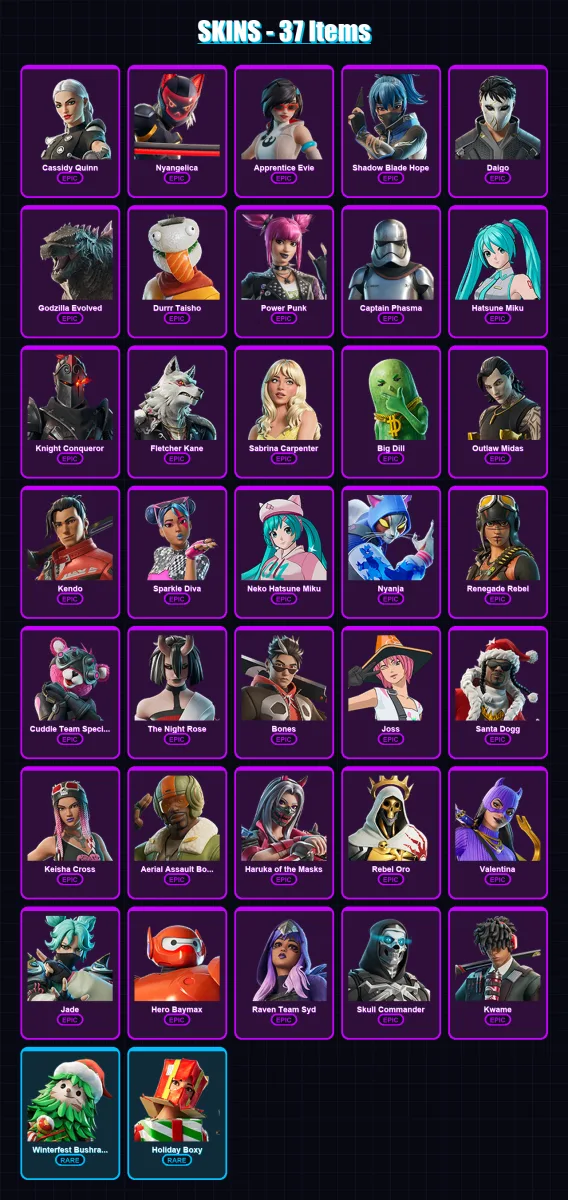 [SWITCH/XBOX/PC] | Cassidy Quinn | Nyangelica | Apprentice Evie | Shadow Blade Hope | Daigo | 37 skin | 50 pickaxe | 36 emote | 35 glider | Lv380