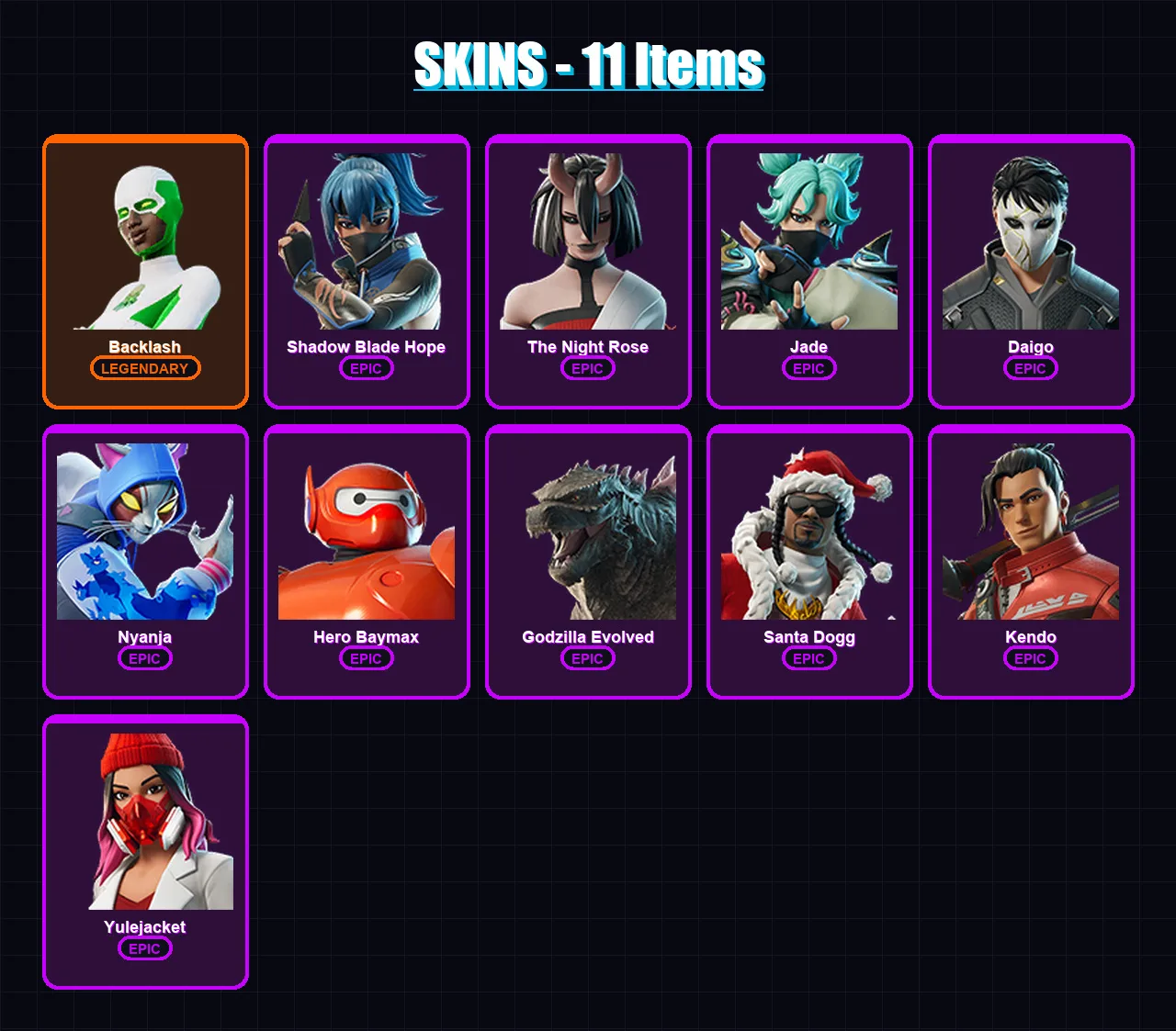 [PC/XBOX/PSN] | Backlash | Shadow Blade Hope | The Night Rose | Jade | Daigo | 11 skin | 30 pickaxe | 15 emote | 20 glider | Lv278