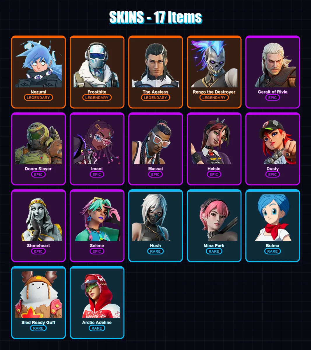 [SWITCH/PSN/PC] | Nezumi | Frostbite | The Ageless | Renzo the Destroyer | Geralt of Rivia | 17 skin | 15 pickaxe | 17 emote | 18 glider | Lv171