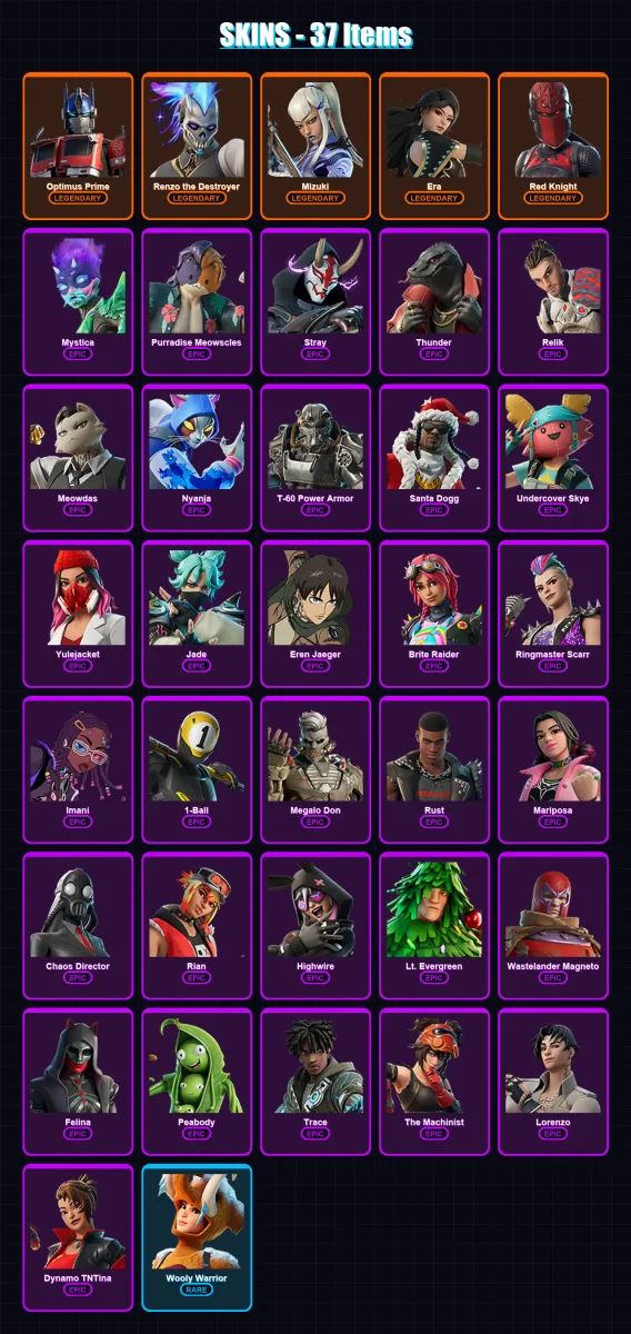 [PC/XBOX/PSN] | Optimus Prime | Renzo the Destroyer | Mizuki | Era | Red Knight | 37 skin | 75 pickaxe | 74 emote | 74 glider | Lv2257