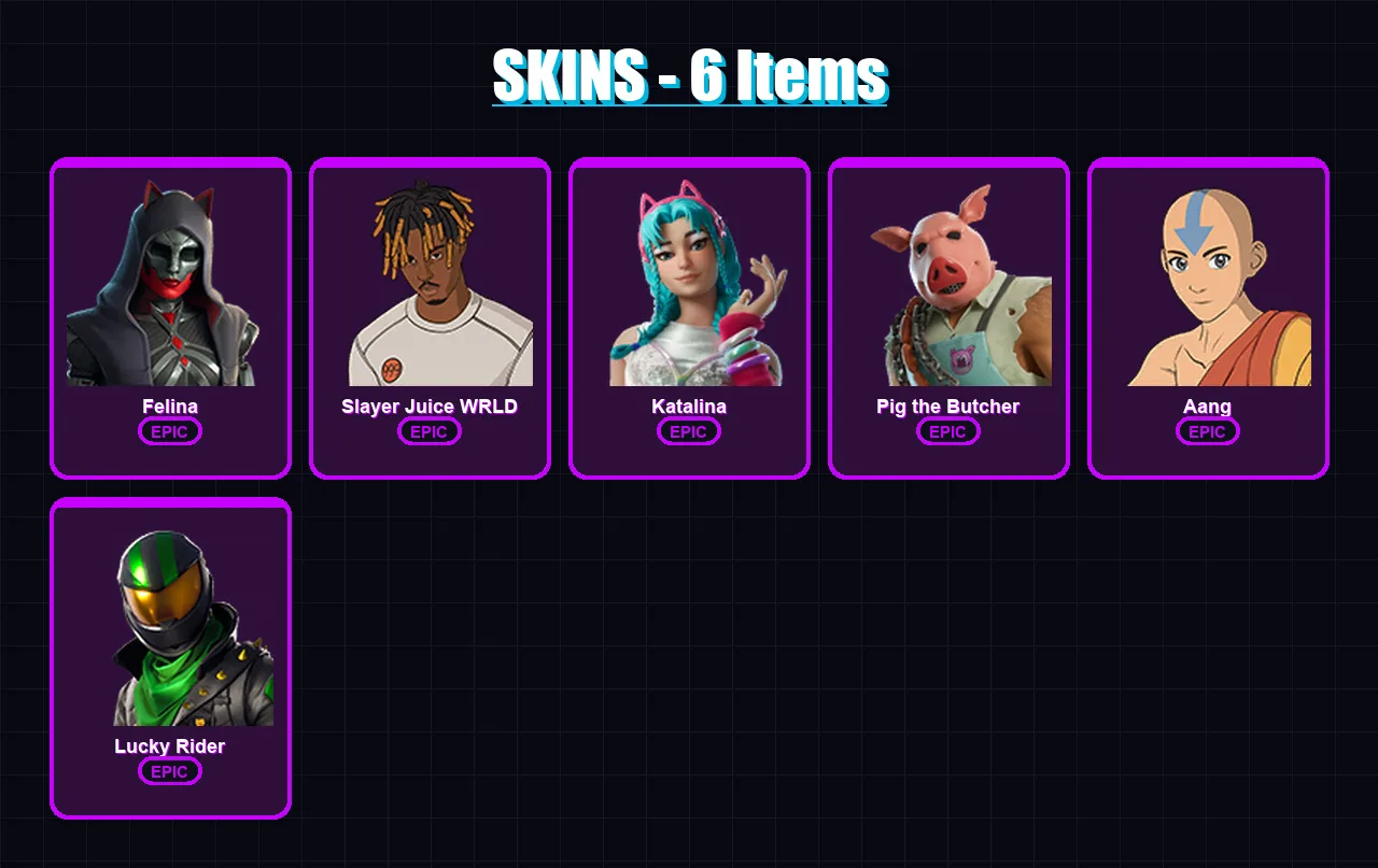 [SWITCH/XBOX/PSN/PC] | Felina | Slayer Juice WRLD | Katalina | Pig the Butcher | Aang | 6 skin | 31 pickaxe | 14 emote | 15 glider | Lv279