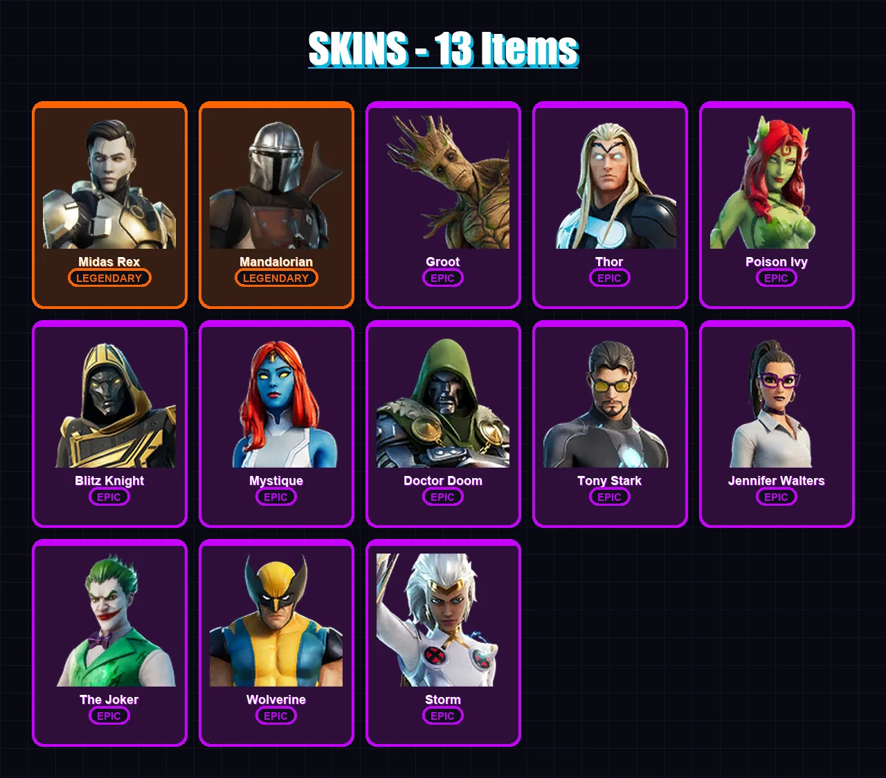 [PC/XBOX/PSN] | Midas Rex | Mandalorian | Groot | Thor | Poison Ivy | 13 skin | 27 pickaxe | 12 emote | 16 glider | Lv238