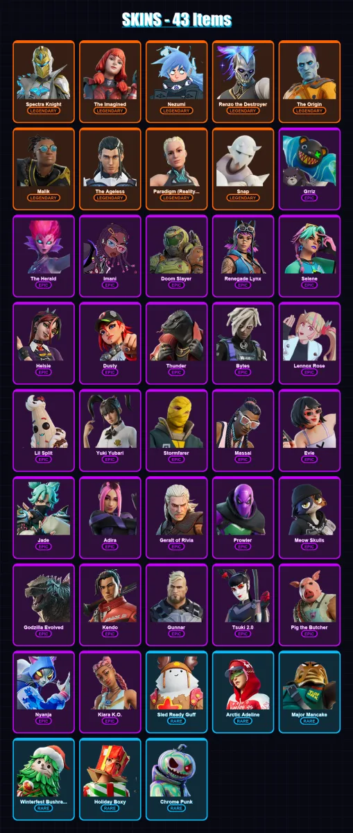 [PS4/PS5/PC] | Spectra Knight | The Imagined | Nezumi | Renzo the Destroyer | The Origin | 43 skin | 67 pickaxe | 42 emote | 60 glider | Lv809