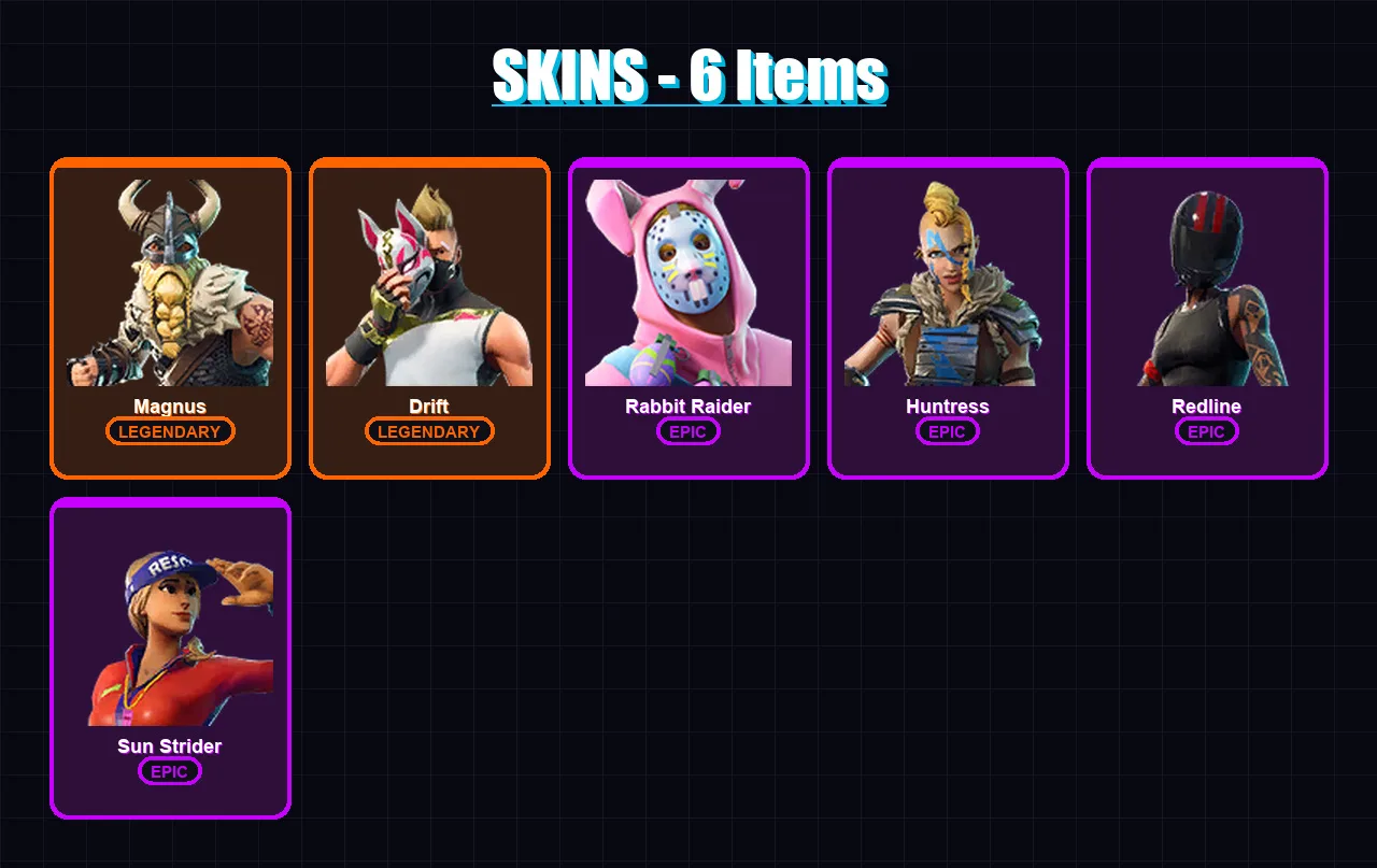 [PC] | Magnus | Drift | Rabbit Raider | Huntress | Redline | 6 skin | 7 pickaxe | 6 emote | 6 glider | Lv143