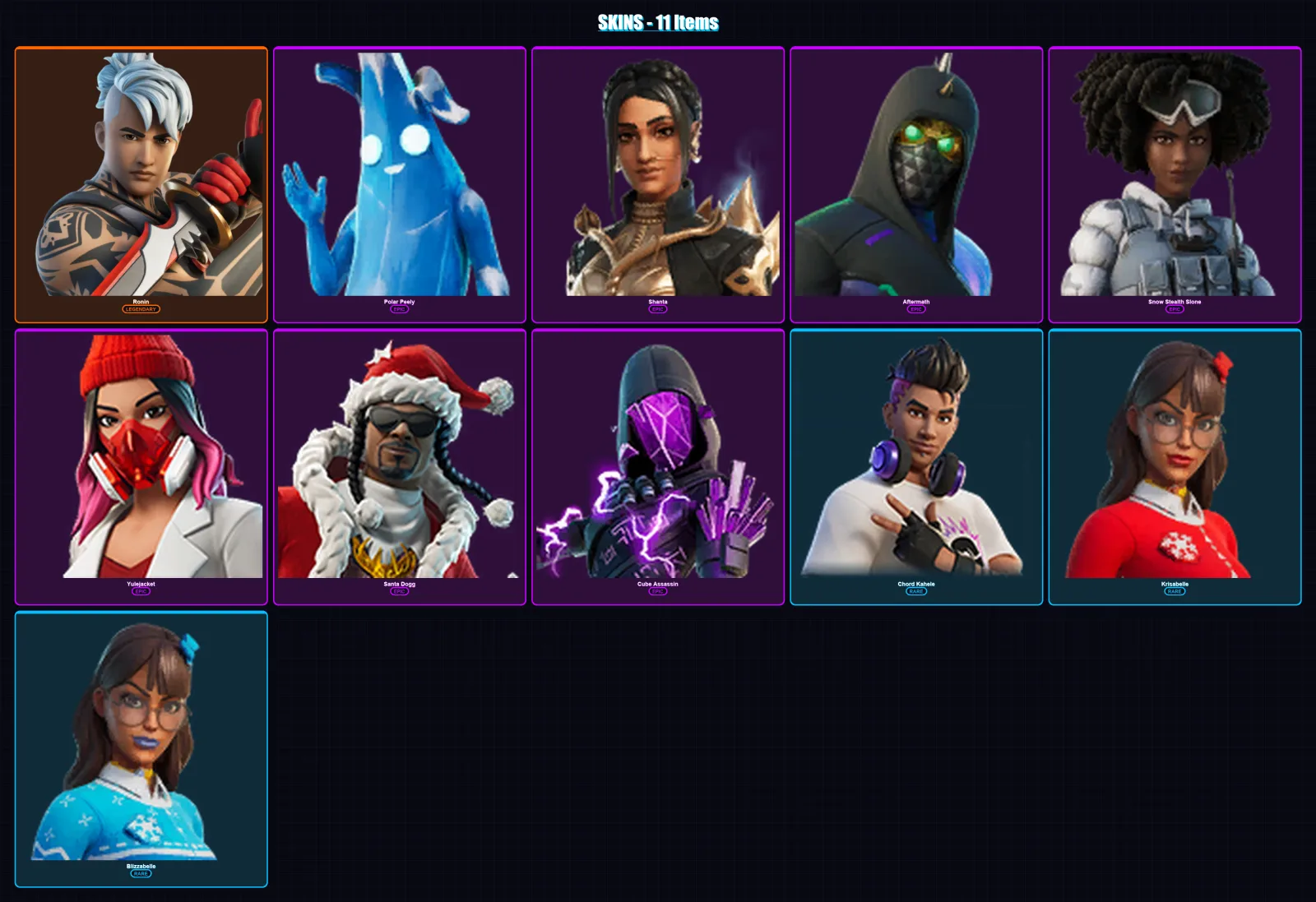 [PC/XBOX/PSN] | Ronin | Polar Peely | Shanta | Aftermath | Snow Stealth Slone | 11 skin | 15 pickaxe | 10 emote | 10 glider | Lv42