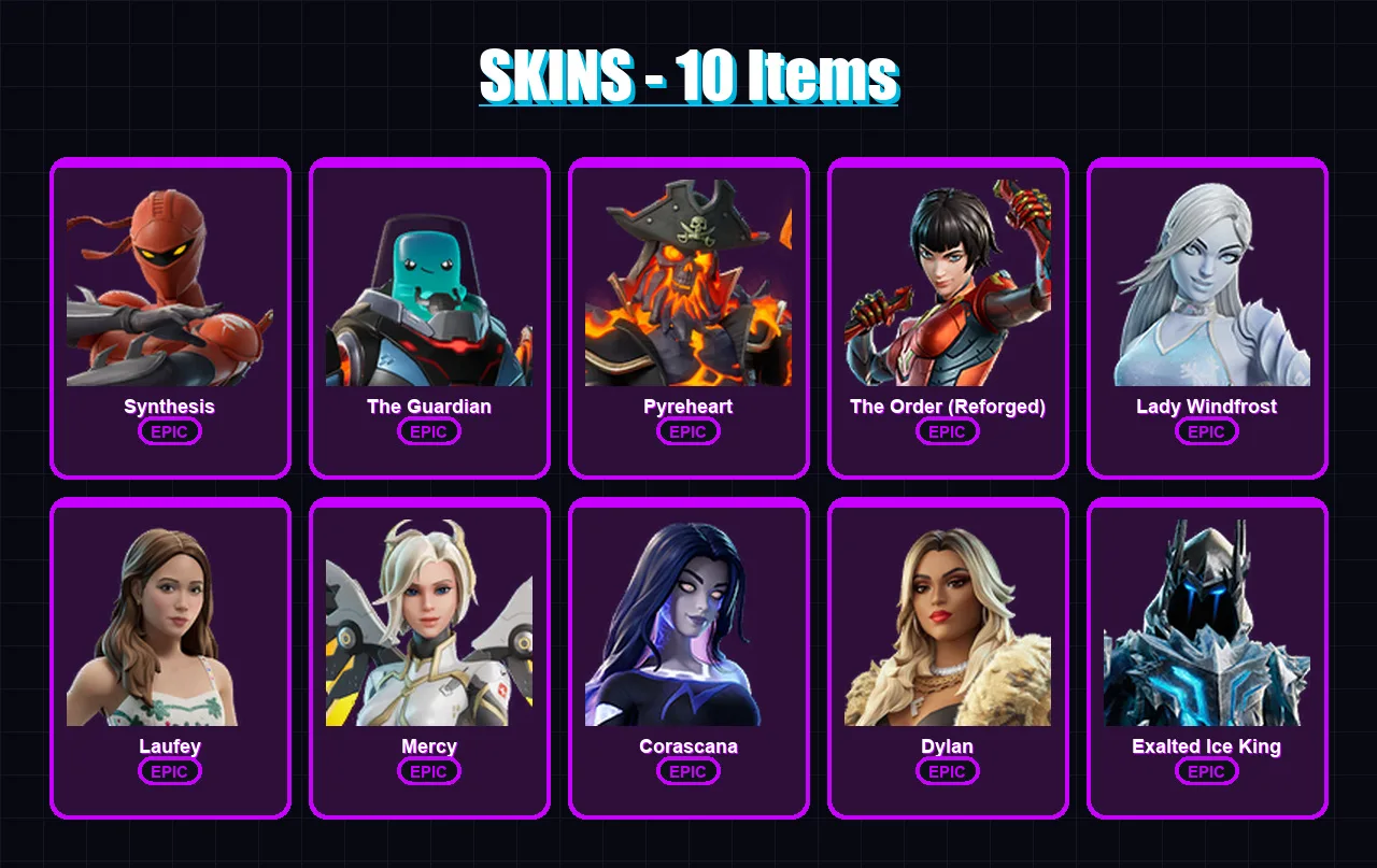 [PC/PSN] | Synthesis | The Guardian | Pyreheart | The Order (Reforged) | Lady Windfrost | 10 skin | 15 pickaxe | 6 emote | 11 glider | Lv45