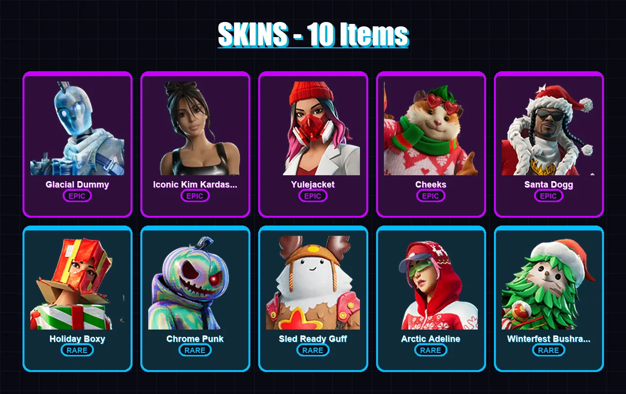 [PC/XBOX/PSN] | Glacial Dummy | Iconic Kim Kardashian | Yulejacket | Cheeks | Santa Dogg | 10 skin | 48 pickaxe | 22 emote | 38 glider | Lv520