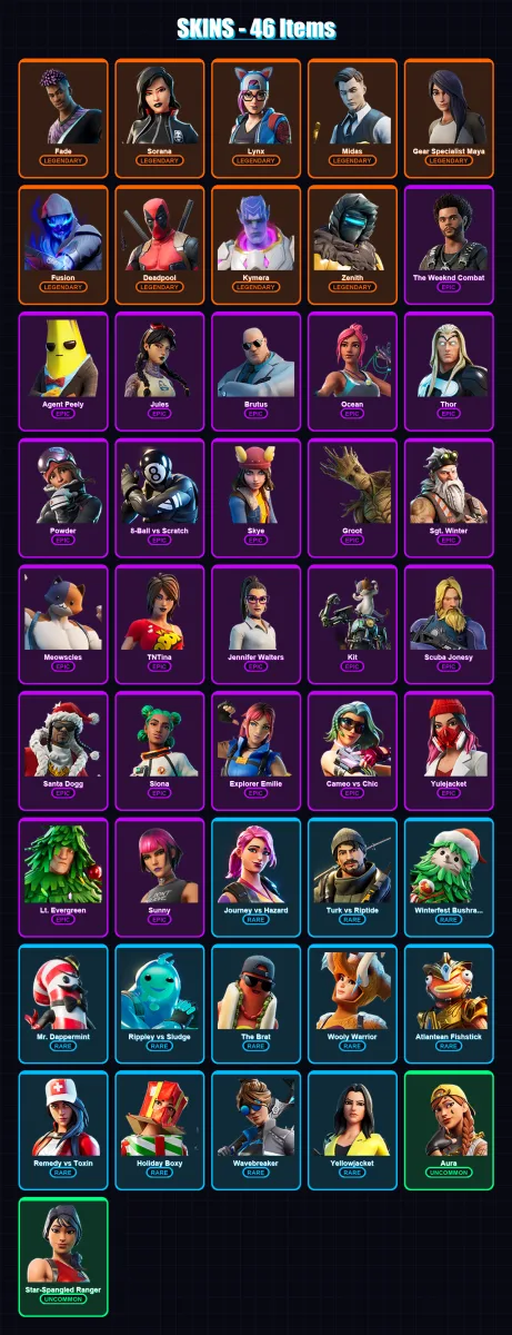 [PC/XBOX/PSN] | Fade | Sorana | Lynx | Midas | Gear Specialist Maya | 46 skin | 55 pickaxe | 52 emote | 52 glider | Lv819