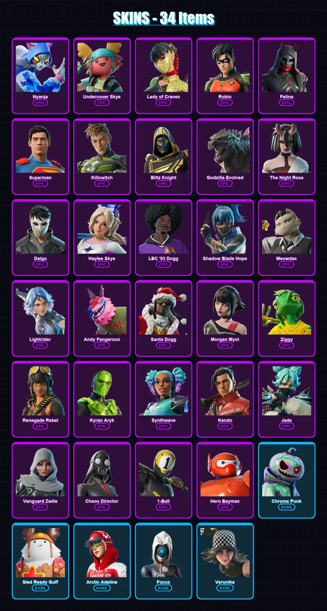 [PC/PSN] | Nyanja | Undercover Skye | Lady of Cranes | Robin | Felina | 34 skin | 115 pickaxe | 58 emote | 81 glider | Lv1483