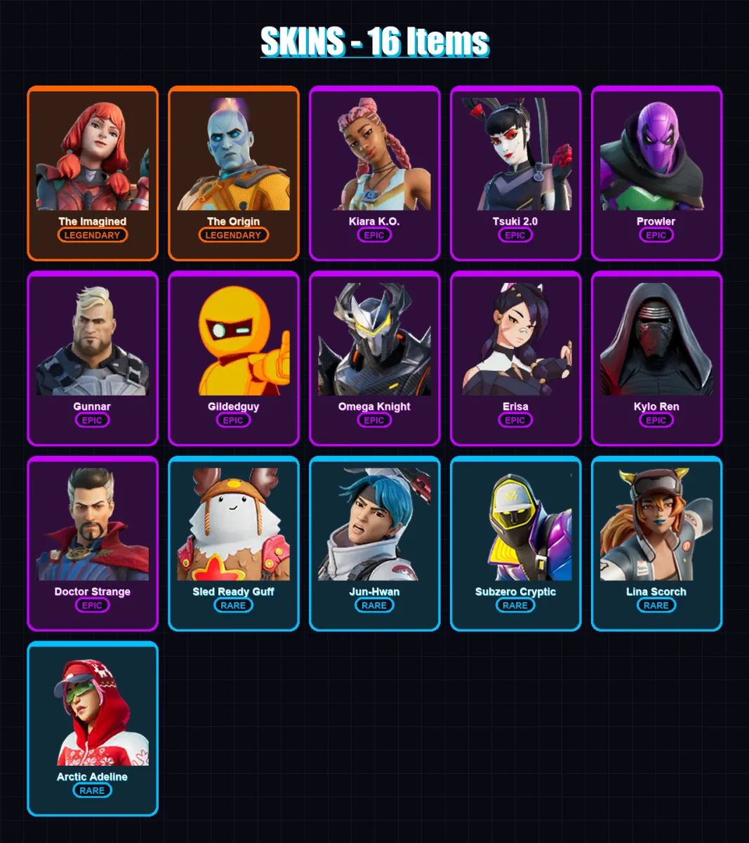 [PC/XBOX] | The Imagined | The Origin | Kiara K.O. | Tsuki 2.0 | Prowler | 16 skin | 29 pickaxe | 16 emote | 33 glider | Lv528