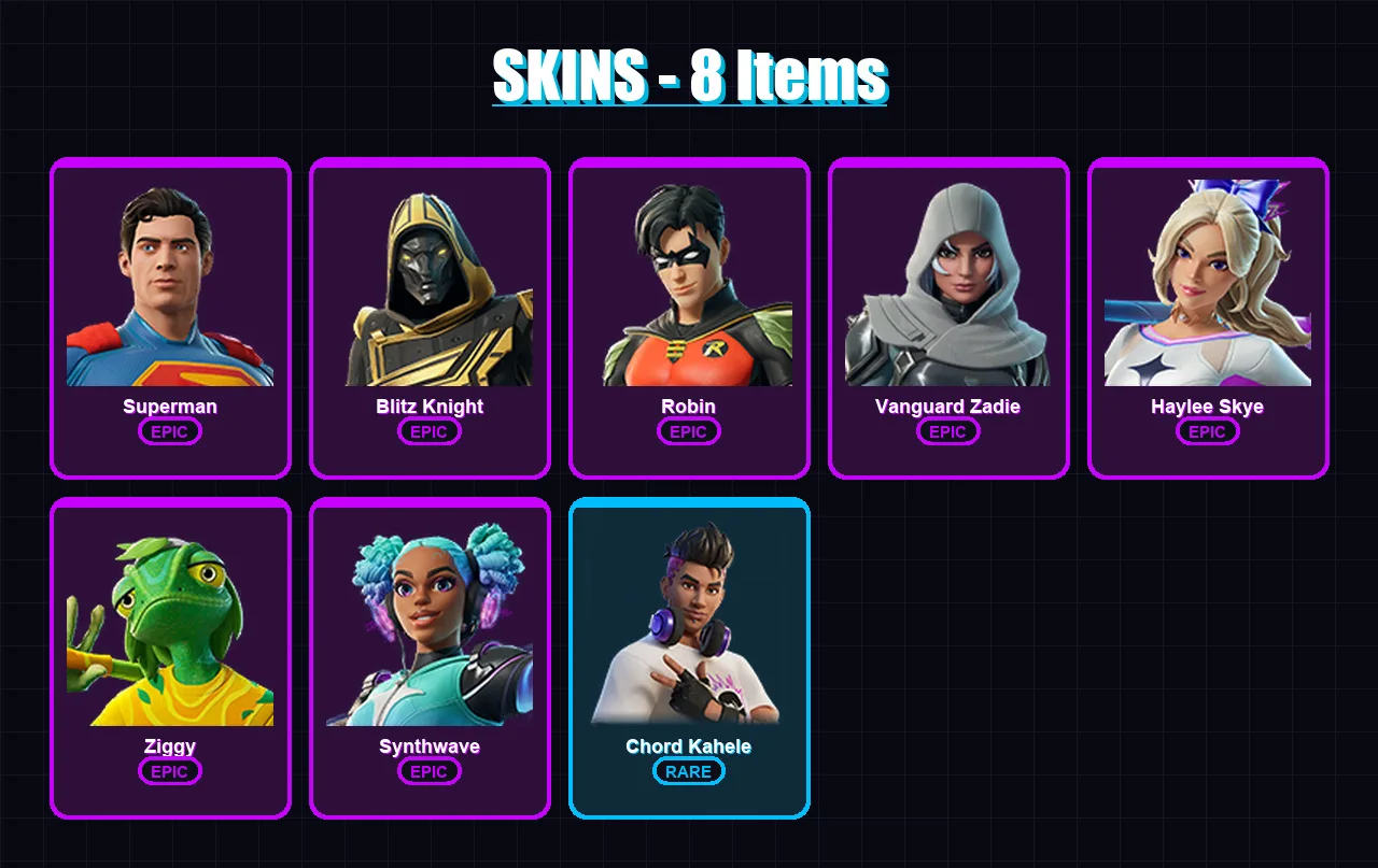 [PC/XBOX/PSN] | Superman | Blitz Knight | Robin | Vanguard Zadie | Haylee Skye | 8 skin | 39 pickaxe | 16 emote | 34 glider | Lv475