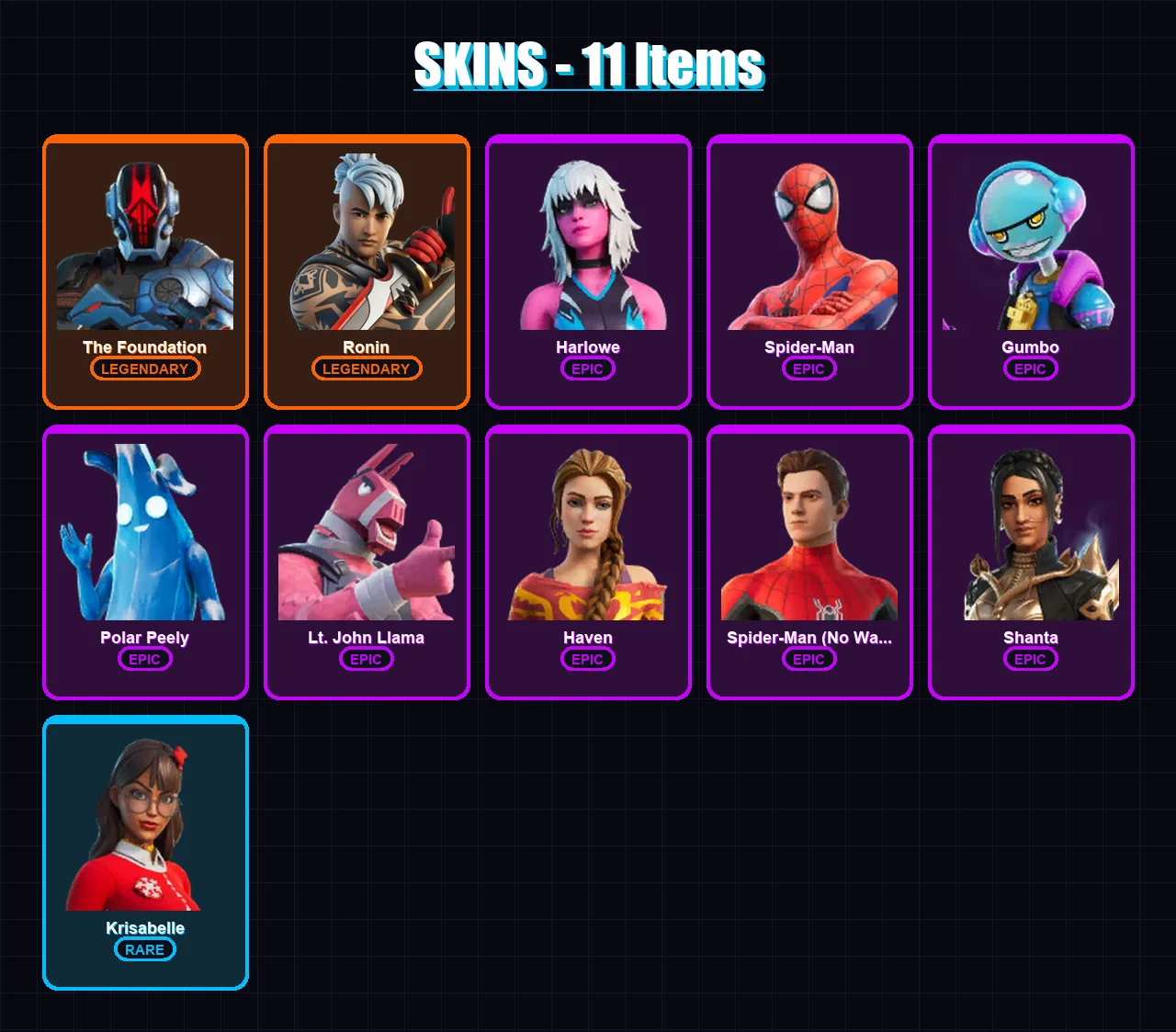 [PS4/PS5/XBOX/PC] | The Foundation | Ronin | Harlowe | Spider-Man | Gumbo | 11 skin | 18 pickaxe | 13 emote | 15 glider | Lv229 — Fortnite account