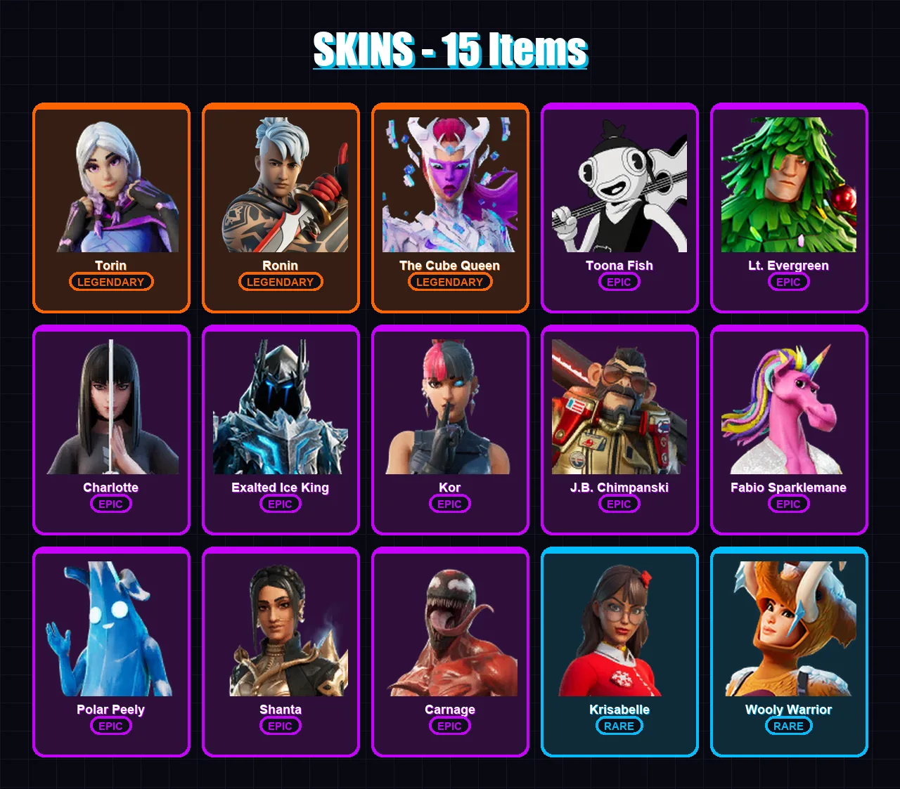 [PC/XBOX/PSN] | Torin | Ronin | The Cube Queen | Toona Fish | Lt. Evergreen | 15 skin | 22 pickaxe | 16 emote | 23 glider | Lv343