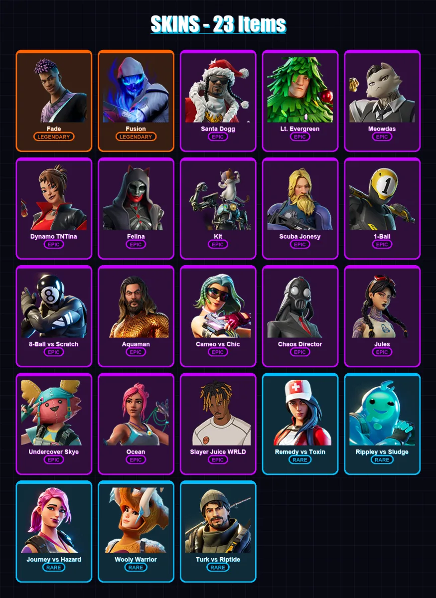 [PC/XBOX] | Fade | Fusion | Santa Dogg | Lt. Evergreen | Meowdas | 23 skin | 43 pickaxe | 34 emote | 39 glider | Lv470