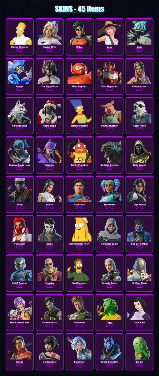 [PS4/PS5/XBOX/PC] | Homer Simpson | Haylee Skye | Robin | Joss | Jade | 45 skin | 89 pickaxe | 48 emote | 58 glider | Lv614