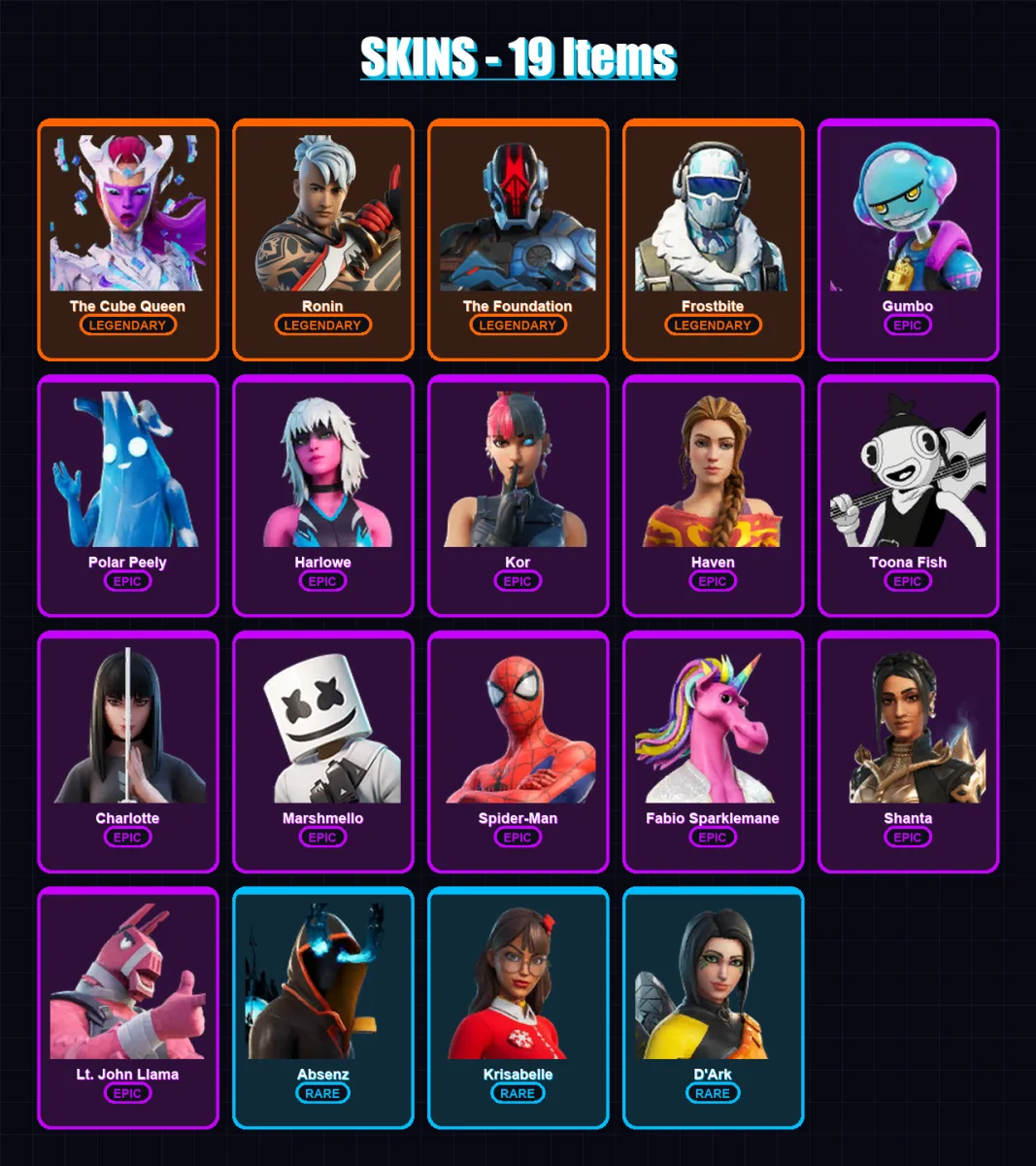 [PC/XBOX] | The Cube Queen | Ronin | The Foundation | Frostbite | Gumbo | 19 skin | 25 pickaxe | 20 emote | 19 glider | Lv305