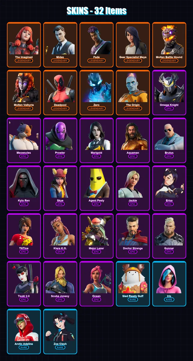 [PS4/PS5/XBOX/PC] | The Imagined | Midas | Fade | Gear Specialist Maya | Molten Battle Hound | 32 skin | 31 pickaxe | 27 emote | 28 glider | Lv337