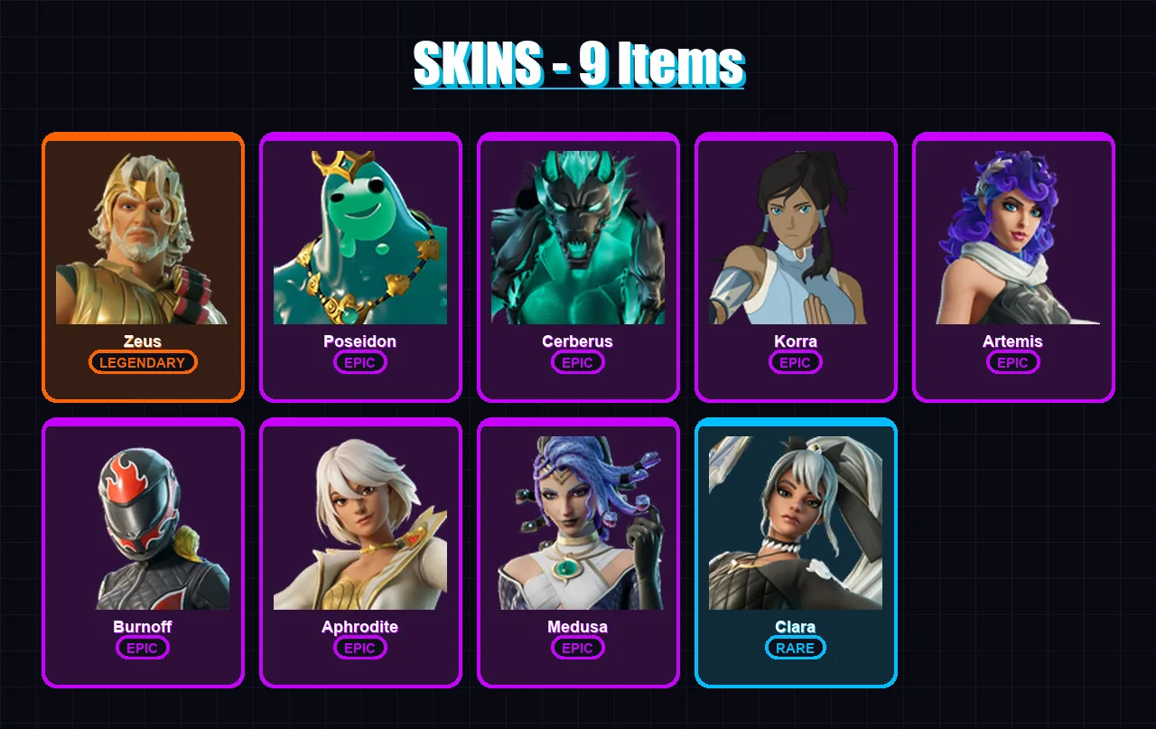 [PC/PSN] | Zeus | Poseidon | Cerberus | Korra | Artemis | 9 skin | 21 pickaxe | 15 emote | 18 glider | Lv330
