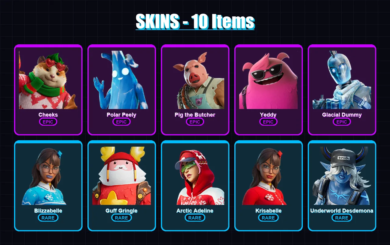 [PC/XBOX/PSN] | Cheeks | Polar Peely | Pig the Butcher | Yeddy | Glacial Dummy | 10 skin | 32 pickaxe | 23 emote | 29 glider | Lv400
