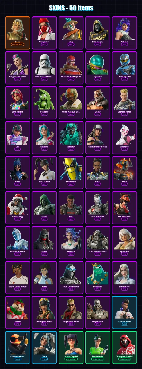 [PC/XBOX/PSN] | Zeus | Yulejacket | Jing | Blitz Knight | Artemis | 50 skin | 112 pickaxe | 63 emote | 77 glider | Lv1337