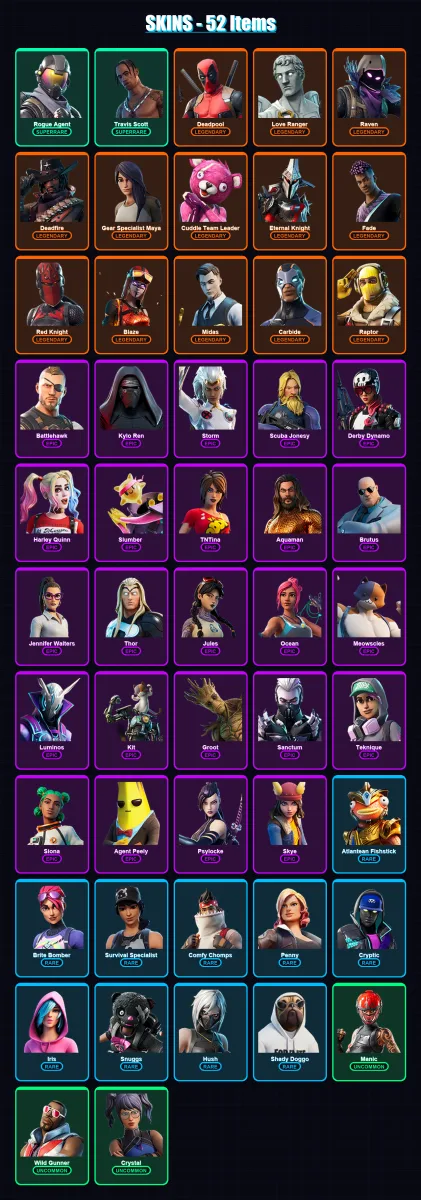 [PC/XBOX/PSN] | Rogue Agent | Travis Scott | Deadpool | Love Ranger | Raven | 52 skin | 37 pickaxe | 54 emote | 38 glider | Lv476