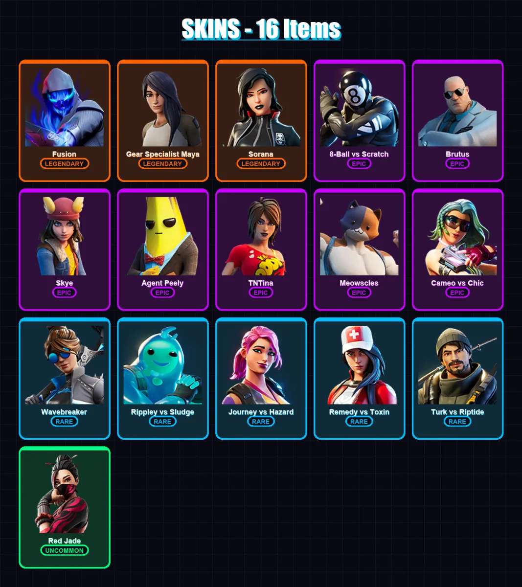 [PC/XBOX/PSN] | Fusion | Gear Specialist Maya | Sorana | 8-Ball vs Scratch | Brutus | 16 skin | 21 pickaxe | 20 emote | 22 glider | Lv351
