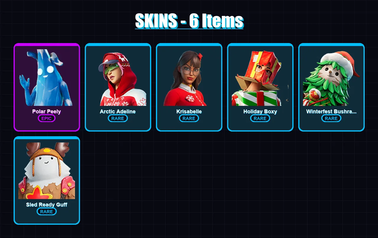[PC/XBOX/PSN] | Polar Peely | Arctic Adeline | Krisabelle | Holiday Boxy | Winterfest Bushranger | 6 skin | 10 pickaxe | 3 emote | 10 glider | Lv70