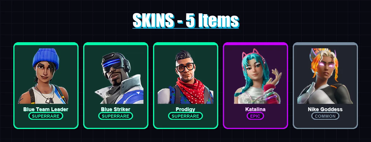 [PC/XBOX/PSN] | Blue Team Leader | Blue Striker | Prodigy | Katalina | Nike Goddess | 5 skin | 18 pickaxe | 12 emote | 17 glider | Lv368
