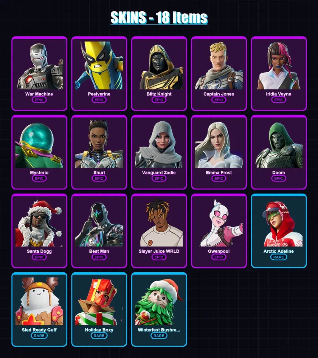 [PC/XBOX/PSN] | War Machine | Peelverine | Blitz Knight | Captain Jones | Iridia Vayne | 18 skin | 79 pickaxe | 46 emote | 64 glider | Lv1071