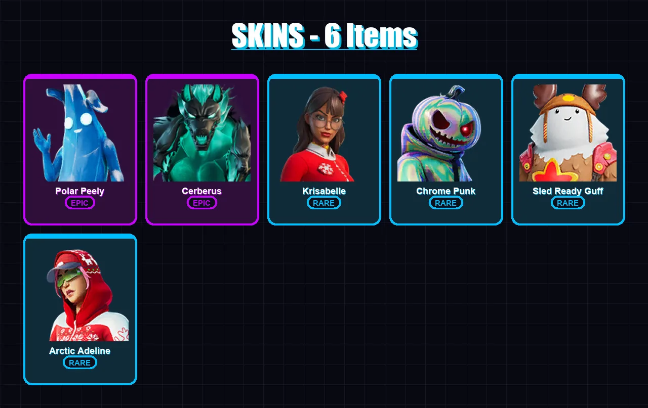 [PC/XBOX/PSN] | Polar Peely | Cerberus | Krisabelle | Chrome Punk | Sled Ready Guff | 6 skin | 14 pickaxe | 9 emote | 14 glider | Lv189