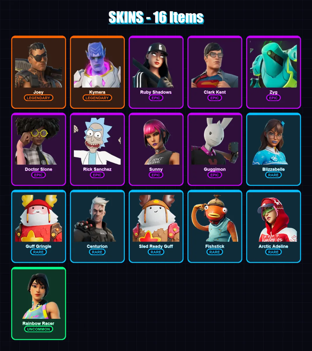 [PC/XBOX/PSN] | Joey | Kymera | Ruby Shadows | Clark Kent | Zyg | 16 skin | 27 pickaxe | 24 emote | 31 glider | Lv647