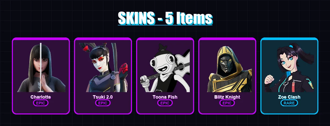 [PC/XBOX/PSN] | Charlotte | Tsuki 2.0 | Toona Fish | Blitz Knight | Zoe Clash | 5 skin | 9 pickaxe | 4 emote | 5 glider | Lv44