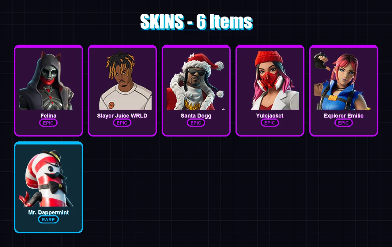 [PC/XBOX/PSN] | Felina | Slayer Juice WRLD | Santa Dogg | Yulejacket | Explorer Emilie | 6 skin | 20 pickaxe | 7 emote | 13 glider | Lv141