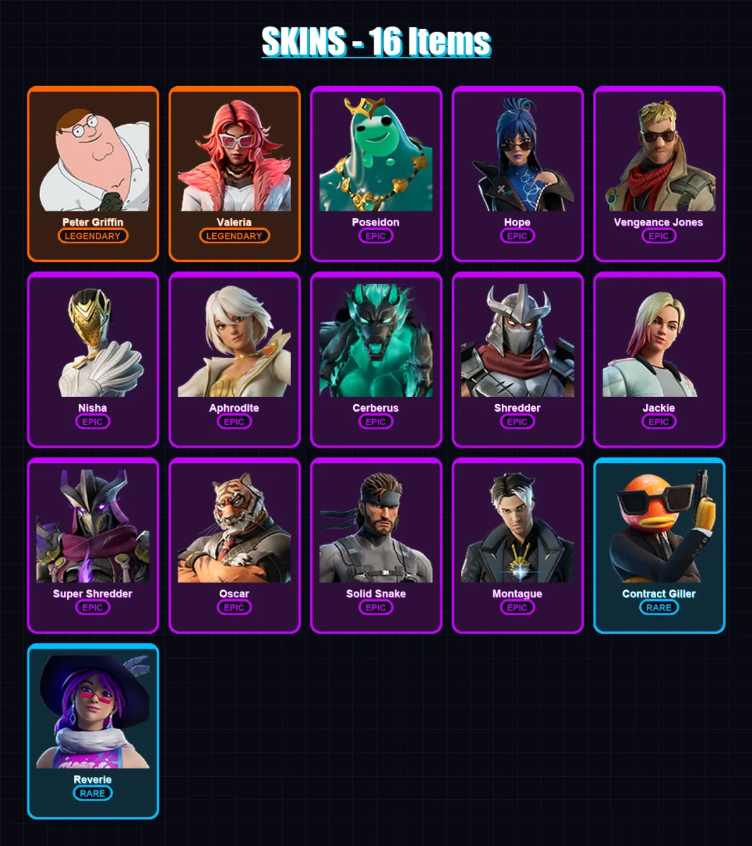 [PC/XBOX/PSN] | Peter Griffin | Valeria | Poseidon | Hope | Vengeance Jones | 16 skin | 20 pickaxe | 25 emote | 16 glider | Lv198