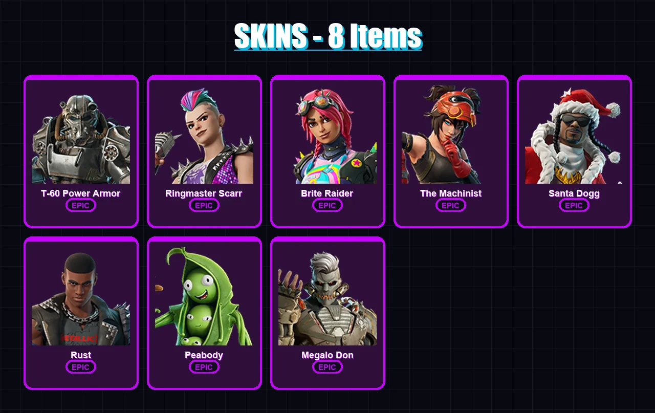 [PC/PSN] | T-60 Power Armor | Ringmaster Scarr | Brite Raider | The Machinist | Santa Dogg | 8 skin | 10 pickaxe | 9 emote | 12 glider | Lv139