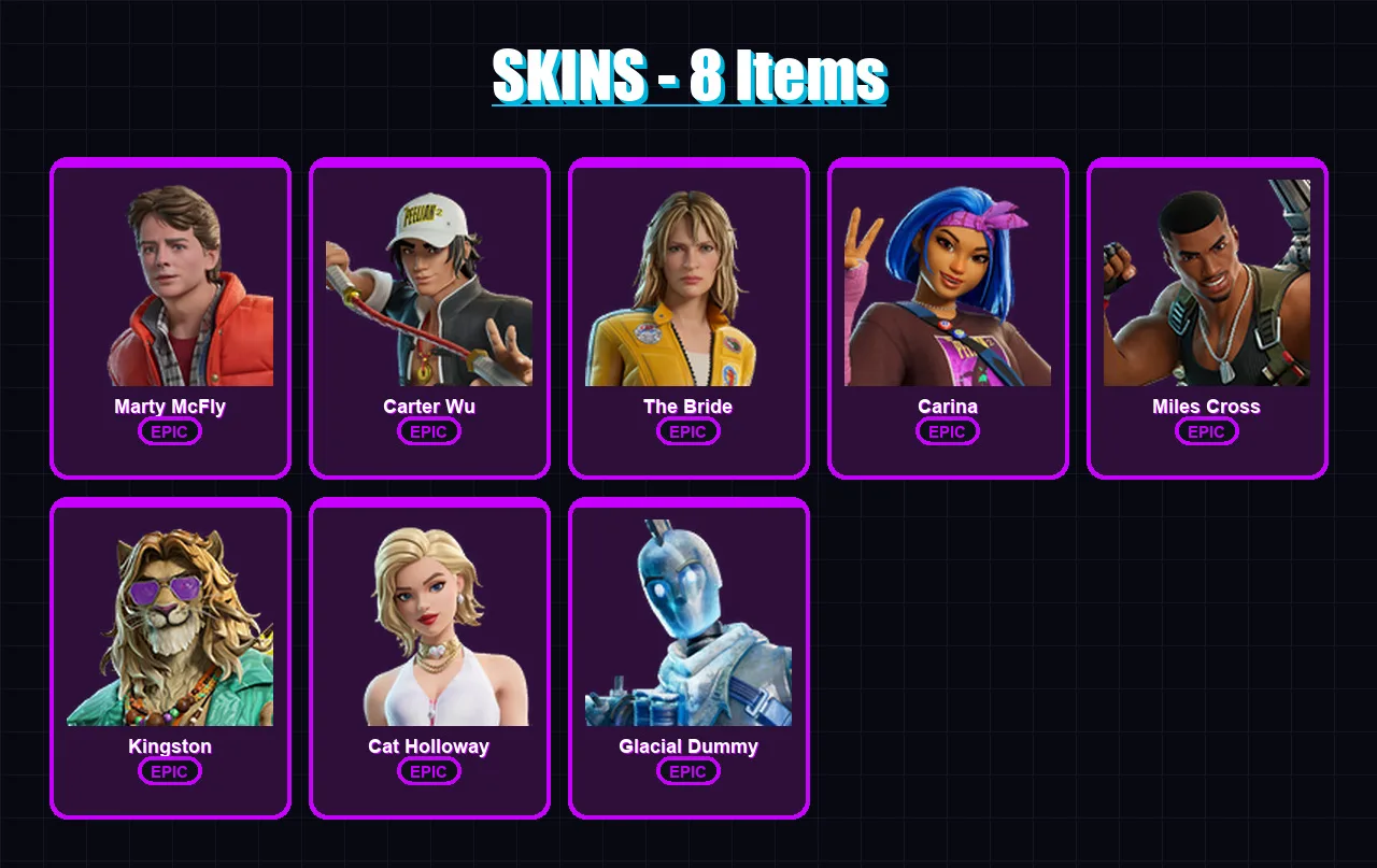 [PC/XBOX/PSN] | Marty McFly | Carter Wu | The Bride | Carina | Miles Cross | 8 skin | 17 pickaxe | 14 emote | 11 glider | Lv84