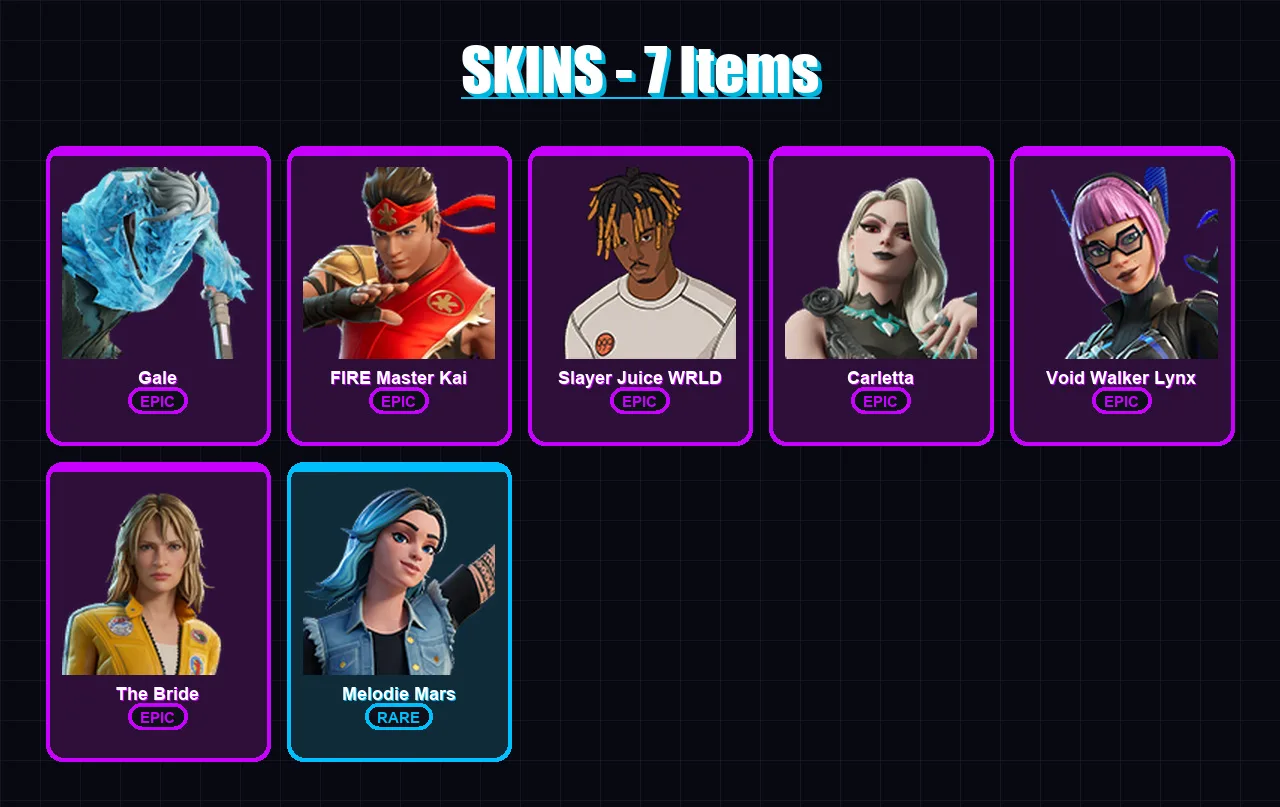 [PC/PSN] | Gale | FIRE Master Kai | Slayer Juice WRLD | Carletta | Void Walker Lynx | 7 skin | 8 pickaxe | 4 emote | 4 glider | Lv36