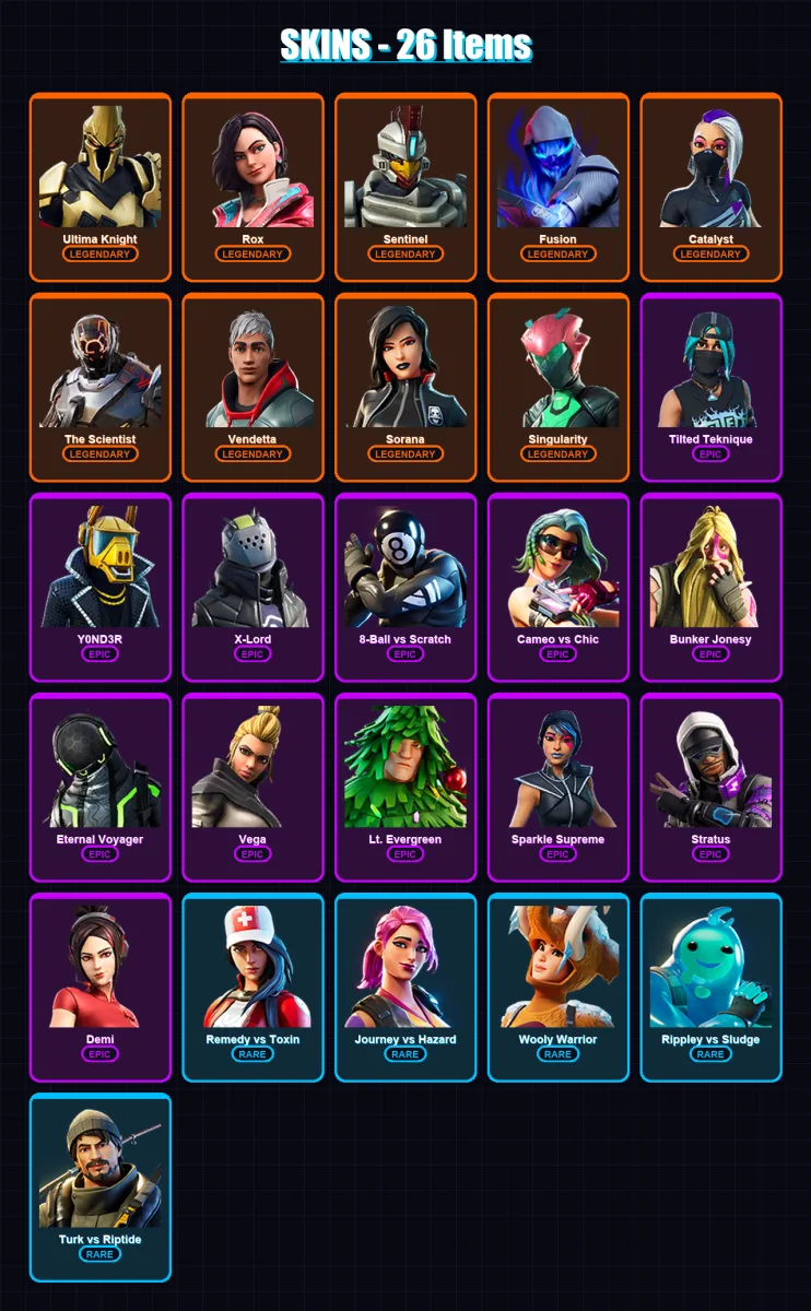 [SWITCH/XBOX/PSN/PC] | Ultima Knight | Rox | Sentinel | Fusion | Catalyst | 26 skin | 33 pickaxe | 43 emote | 37 glider | Lv645