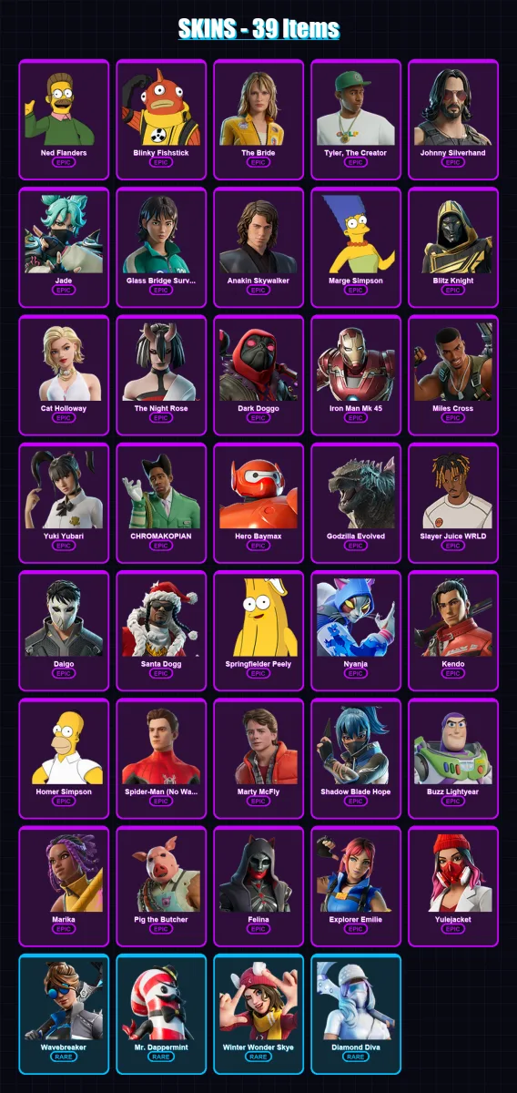 [PC/PSN] | Ned Flanders | Blinky Fishstick | The Bride | Tyler, The Creator | Johnny Silverhand | 39 skin | 74 pickaxe | 35 emote | 39 glider | Lv57