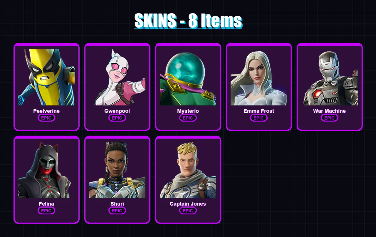 [PC/PSN] | Peelverine | Gwenpool | Mysterio | Emma Frost | War Machine | 8 skin | 21 pickaxe | 16 emote | 17 glider | Lv180
